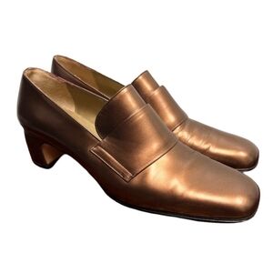 Yves Saint Laurent Bronze Metallic Leather Loafer Heels | Square Toe | Size 8